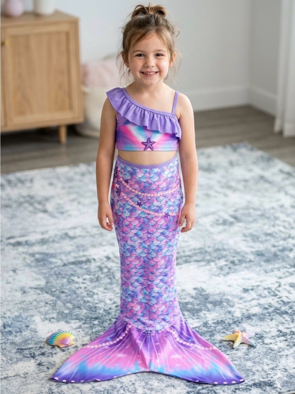 2 pieces Girls' Purple Mermaid Tail Swim Set with Ruffle Top 3-4 years